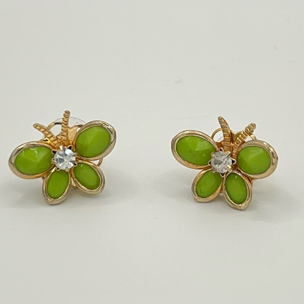 Green Bead Butterfly Stud Earrings with Crystal Accent